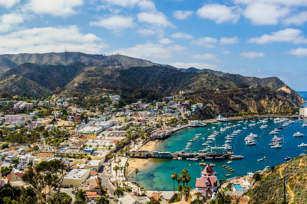 Cruise ship arriving at scenic Catalina Island, California with beautiful ocean views and sunny skies
